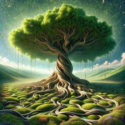 The primary subject of the image is a large, gnarled tree with a massive root system. The tree is surrounded by a lush, green landscape, which includes a field of flowers. The visual style of the image is a digital art or illustration, creating a surreal and whimsical atmosphere. The colors and mood of the image are predominantly green, with a touch of blue, giving the scene a serene and peaceful ambiance.